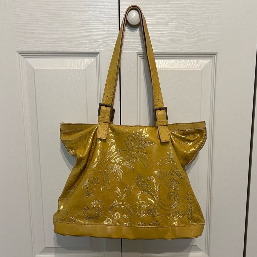 FALOR Le Borse Italia Gold Yellow Leather Embossed Tote Handbag